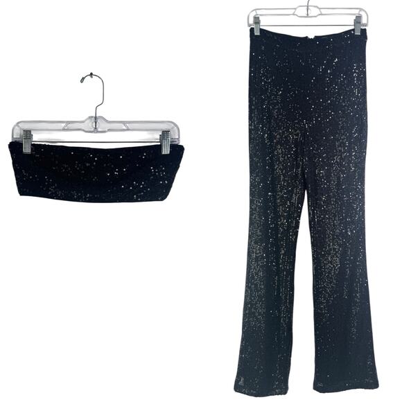 Camila Coelho Calvin Matching Set Strapless Crop Top & Pants Sequin Black Small - Picture 2 of 15